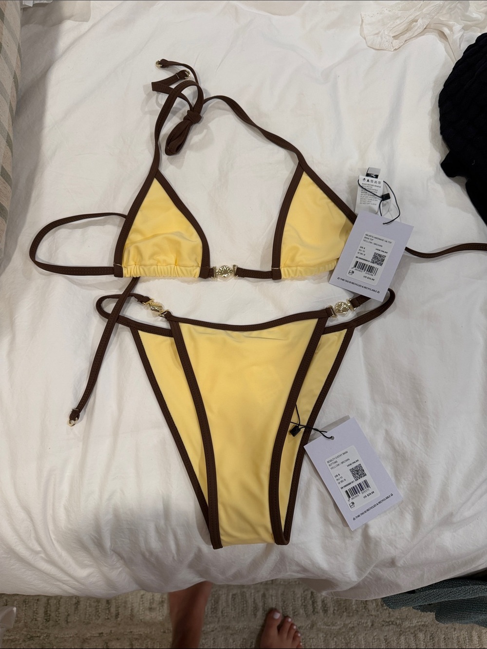 Princess Polly Yellow & Brown Trim Triangle Bikini Set